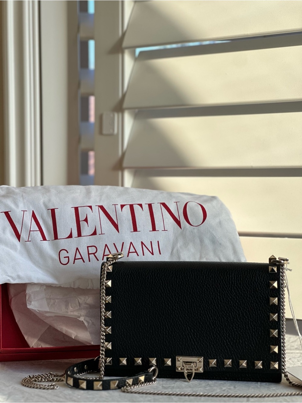 Valentino Garavani Black Leather Rockstud Crossbody Bag with Gold Hardware